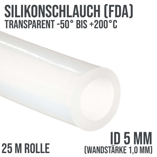 5 x 7 mm Silikon Silicon Milch Schlauch transparent lebensmittelecht FDA 0,45 bar - 25 m Rolle