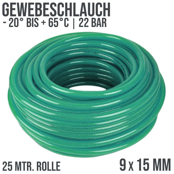 9 x 15 mm PVC Druckluftschlauch Gewebe Universal Wasser Luft Schlauch grün - 25 m