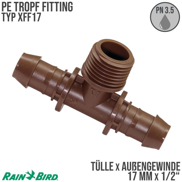 17 mm x 1/2" Rain Bird T-Stück 90° Kunststoff Tülle x Außengewinde x Tülle Tropf Fitting braun Typ X