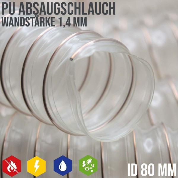 80 mm PU Saug Ansaug Druck Spiral Flex Staub Holz Metall Späne Schlauch Anlage - Wandstärke 1,4 mm -