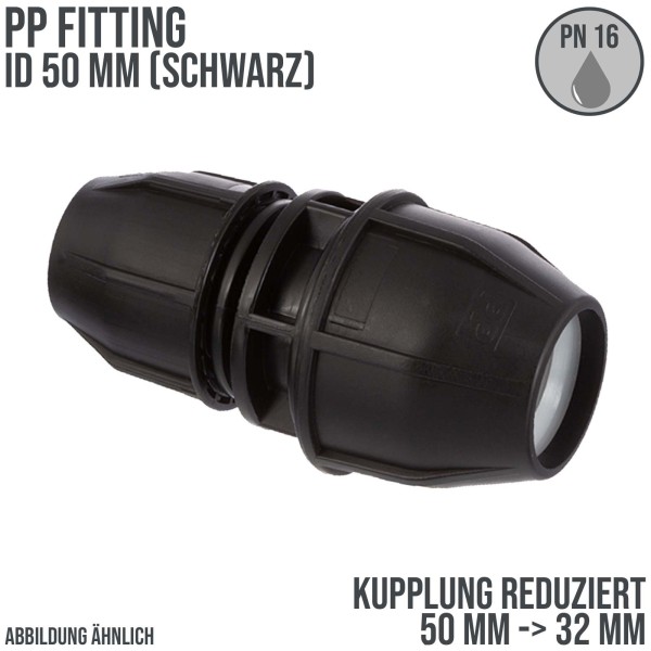 50 x 32 mm PE PP Fitting Klemm Verbinder reduziert Verschraubung Muffe Kupplung schwarz - PN 16 bar