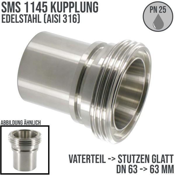 DN 63 SMS Kupplung 1145 Vaterteil VT Außengewinde Sicherungsbund - Stutzen glatt 63 mm - PN 25 bar