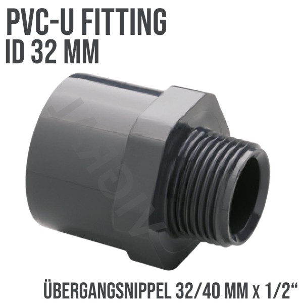 32 mm PVC Klebe Fitting Übergangsnippel Sechs-/Achtkant 32/40 mm x 1/2" Muffe Verbinder - PN 10 bar
