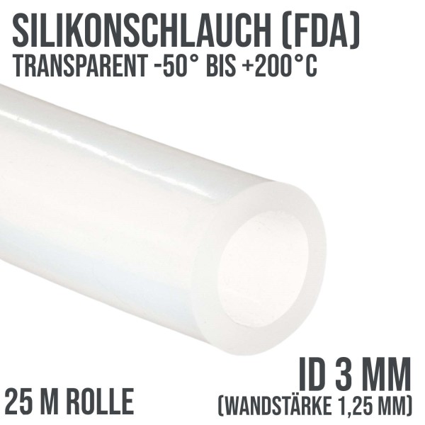 3 x 5,5 mm Silikon Silicon Milch Schlauch transparent lebensmittelecht FDA 0,60 bar - 25 m Rolle