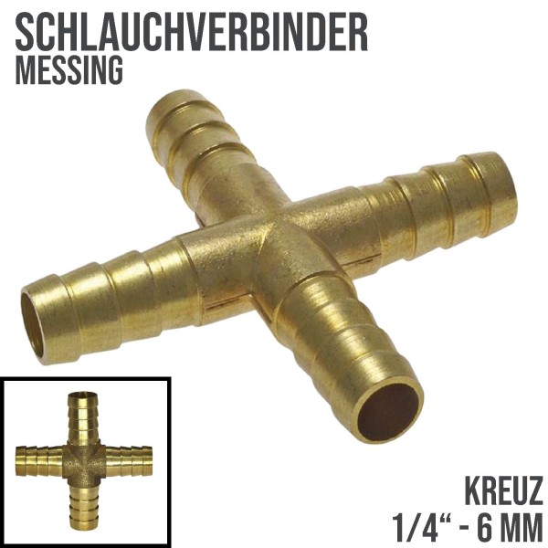 6 mm - 1/4" Zoll Kreuz Schlauch Verbinder Verteiler Tülle Kupplung Reparatur Messing PN 10 bar