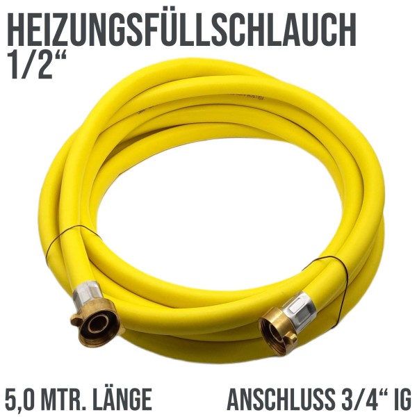5,0 m Heizungs Füllschlauch Wasser Heizkörper Radiator Sanitär Schlauch gelb 3/4" Anschluss