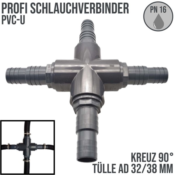 32 / 38 mm PVC PROFI Kreuz 90° Schlauch Verbinder Stutzen Tülle Pool - PN 16 bar