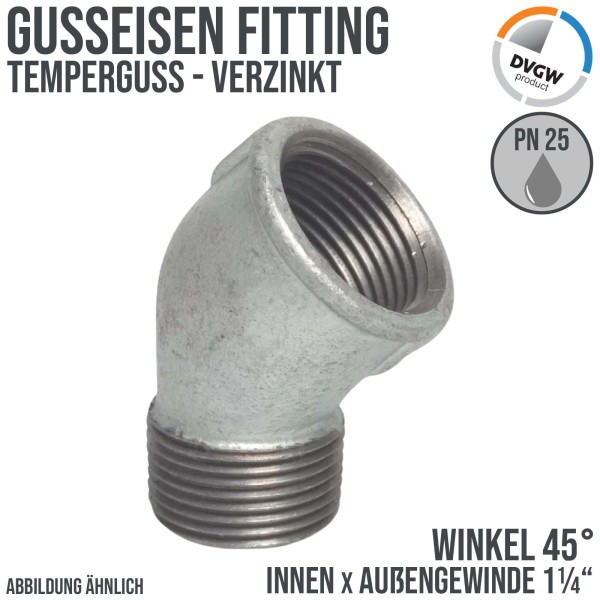 1 1/4" Gusseisen Temperguss Fitting Winkel 45° Innen x Außengewinde IG x AG DVGW PN 25 bar