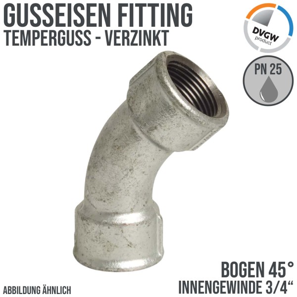 3/4" Gusseisen Temperguss Fitting Bogen 45° Innengewinde IG DVGW PN 25 bar