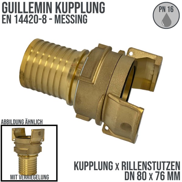 DN 80 Guillemin Kupplung Verriegelung Rillen Stutzen Tülle 75 mm Sicherungsbund Messing - PN 16 bar