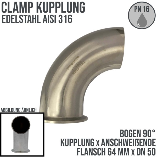 CLAMP Kupplung Bogen 90° 64 mm DIN 32676 Flansch Teller Anschweissende DN 50 2" - PN 16 bar