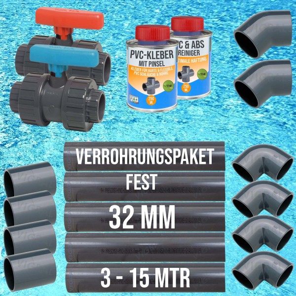 32 mm PVC Klebe Fittings Verrohrungspaket Pool Schwimmbad Schlauch Rohr FEST