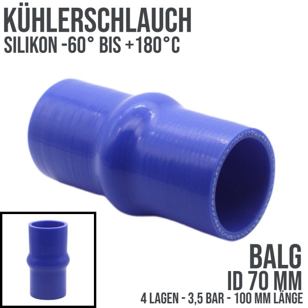Blauer Silikon Kühlerschlauch (Balg / Wulst-Verbinder) mit einem  Innendurchmesser von 70 mm und einer Länge von ca. 100 mm. Maximaler  Betriebsdruck PN 3,5 bar