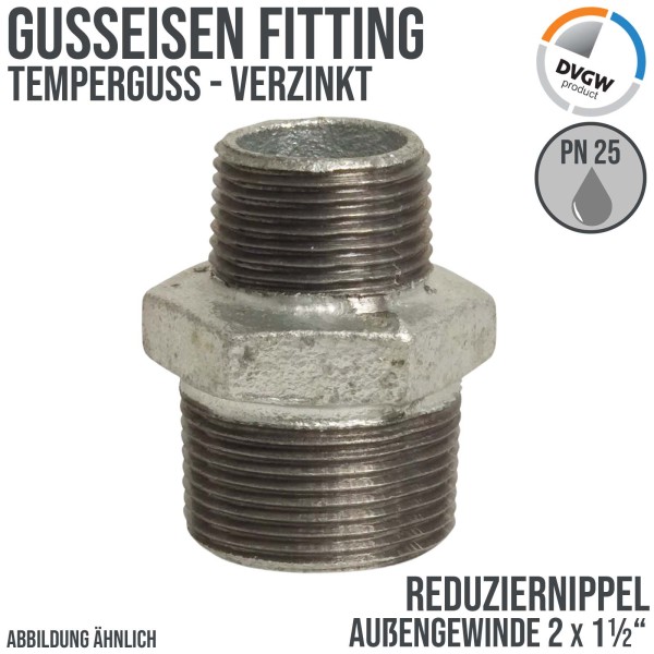 2" x 1 1/2" Gusseisen Temperguss Reduziernippel Außen x Außengewinde AG DVGW PN 25 bar