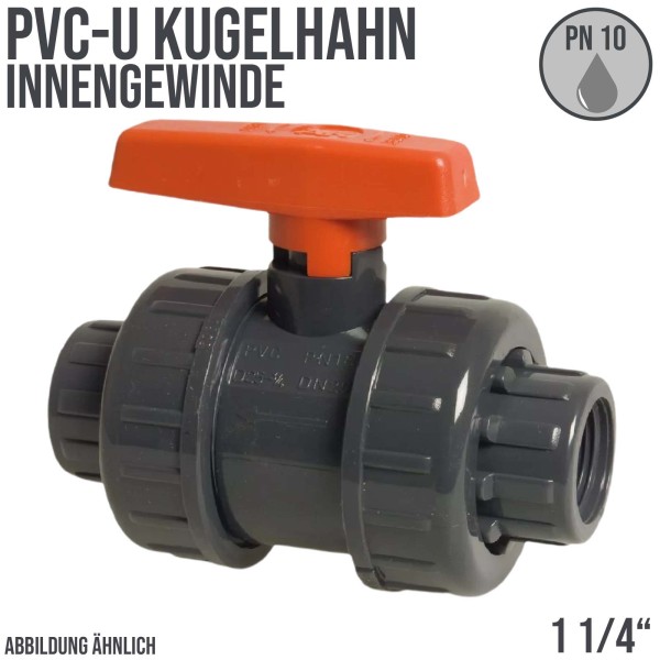 1 1/4" PVC Kugel Absperr Hahn Ventill beitseitiges Innengewinde PN 10 bar - roter Griff