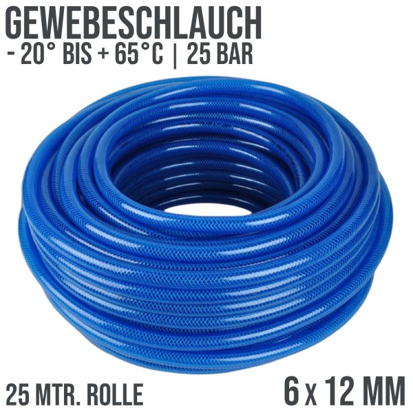 6 x 12 mm PVC Druckluftschlauch Gewebe Universal Wasser Luft Schlauch blau - 25 m