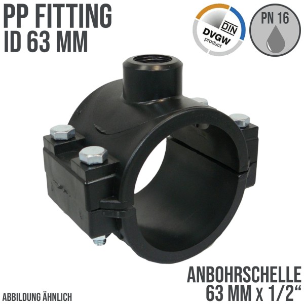 63 mm x 1/2" PP PE Anbohr Abzweig Schelle Klemmschale x Innengewinde DVGW [PN16]