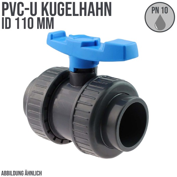 110 mm PVC Kugel Absperr Hahn Ventil beidseitige Klebemuffe Fitting PN 10 bar - blauer Griff