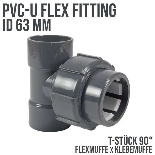63 mm PVC Flex Fitting T-Stück 90° Klemm x Klebemuffe - 4bar