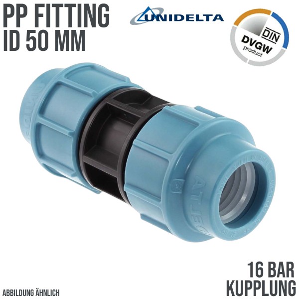 50 mm PE PP Fitting Klemm Verbinder Verschraubung Muffe Rohr Kupplung DVGW - Unidelta
