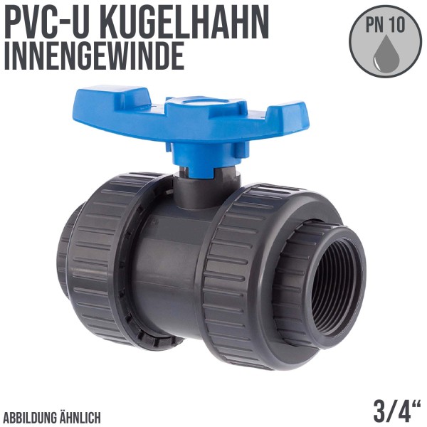 3/4" PVC Kugel Absperr Hahn Ventill beitseitiges Innengewinde PN 10 bar - blauer Griff