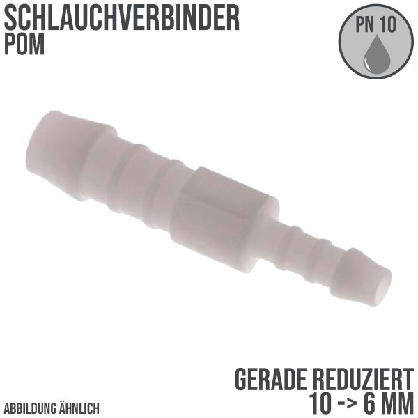 10 x 6 mm POM Schlauch Verbinder Reduktion Stutzen Tülle Kupplung Fitting weiss PN 10 bar