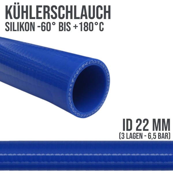 Blauer Silikon Kühlerschlauch mit einem Innendurchmesser von 22 mm und  einer Wandstärke von 4 mm. Fixlänge 100 cm.