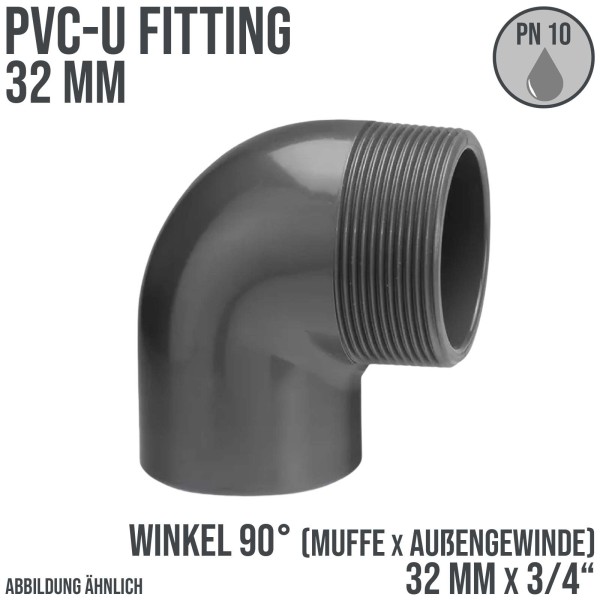 32 mm PVC Klebe Fitting Winkel 90° Außengewinde AG 32 mm x 3/4" Muffe Verbinder - PN 10 bar