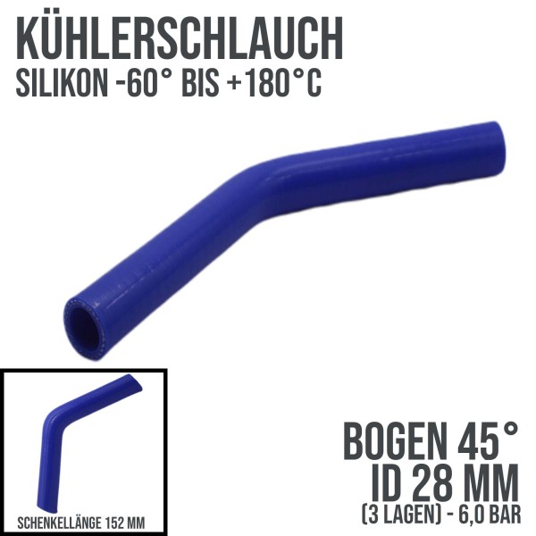 Blauer Silikon Kühlerschlauch als 45° Bogen mit einem Innendurchmesser von  28 mm und einer Wandstärke von 4 mm. Schnenkellänge ca. 152 mm.