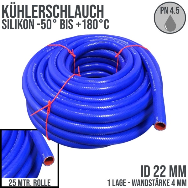 22 x 31 mm Kühlerschlauch Silikon LLK Ladeluft Kühlmittel Schlauch blau/rot PN 4,5 bar - 25 m Rolle