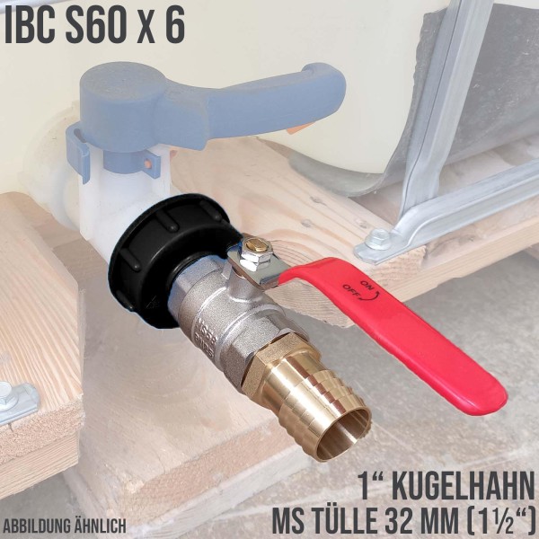 S60 x 6 IBC 1" Kugel Hahn Ventil Schlauch Tülle 1 1/4" 32 mm Messing Container Tank Zubehör