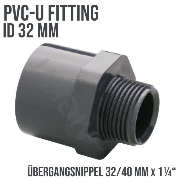 32 mm PVC Klebe Fitting Übergangsnippel Sechs-/Achtkant 32/40mm x 1 1/4"