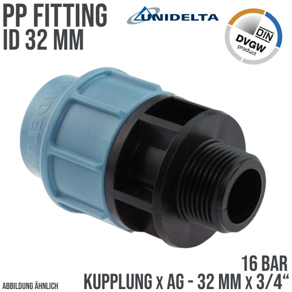 32 mm x 3/4" PE PP Fitting Klemm Verbinder Verschraubung Muffe Rohr Kupplung x AG DVGW - Unidelta