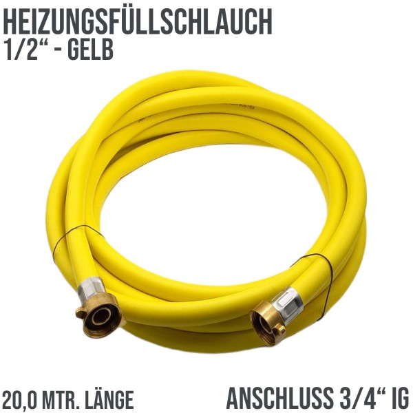 20 m Heizungs Füllschlauch Wasser Heizkörper Radiator Sanitär Schlauch gelb - 3/4" Anschluss - PN 8