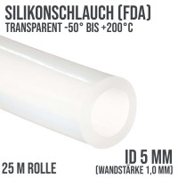 5 x 7 mm Silikonschlauch Silicon Milch Schlauch transparent lebensmittelecht FDA - 25m Rolle