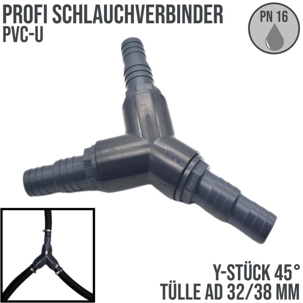 32 / 38 mm PVC PROFI Y-Stück 45° Schlauch Verbinder Stutzen Tülle Pool - PN 16 bar