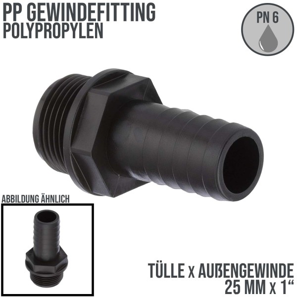 25 mm x 1 " PP Gewinde Fitting Schlauch Tülle Stutzen Außengewinde AG - PN 6 bar