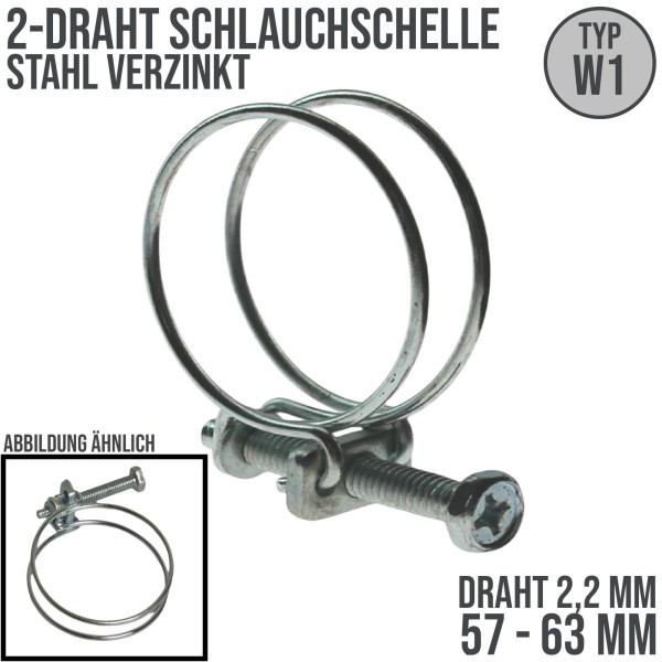 57 - 63 mm 2 Draht Schelle verzinkt W1 - Drahtstärke: 2,2 mm - Schraube: M6 x 60