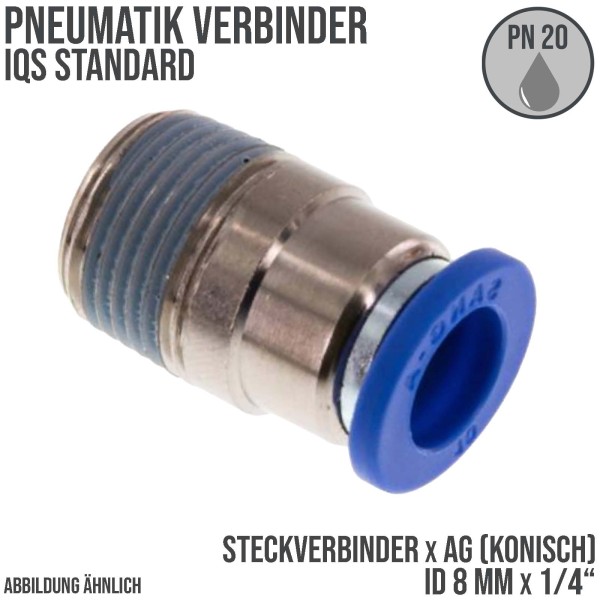 8 mm x 1/4" Pneumatik Schnell Steck Verbinder rund IQS Außengewinde konisch - PN 20 bar