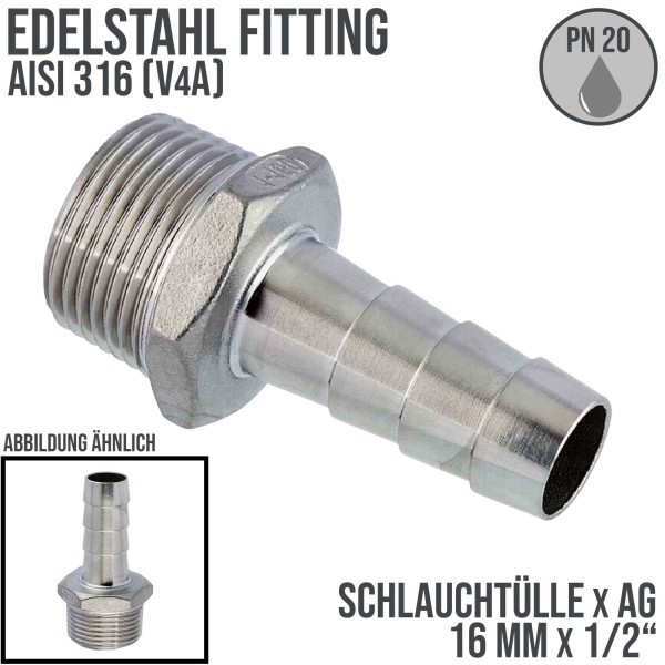 16 mm x 1/2" Zoll Schlauch Tülle Stutzen Außengewinde AG Nippel Edelstahl AISI 316 VA Fitting - PN