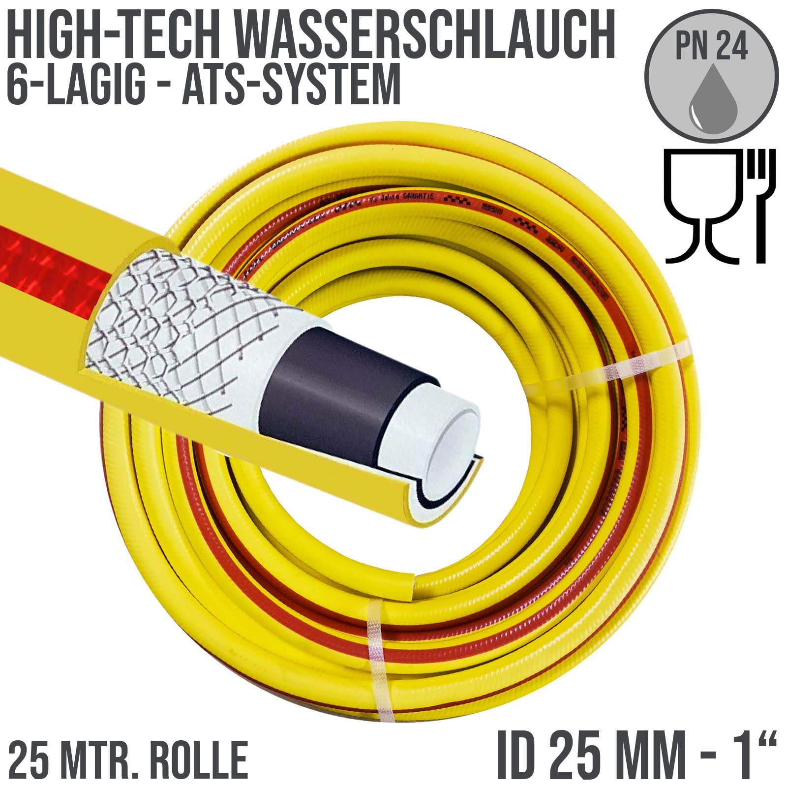 Gelber 6-lagiger HIGH TECH Wasserschlauch mit ATS (Anti-Torsion-System) und  einem Innendurchmesser von 25 mm.