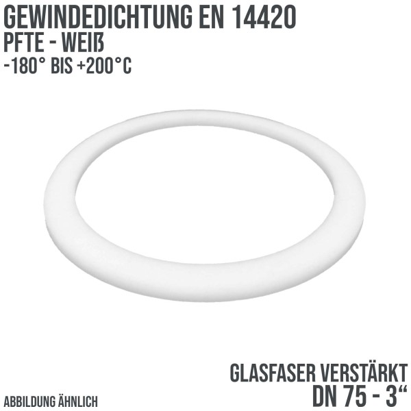 3" Zoll Gewindedichtung EN 14420 Teflon (PTFE) glasfaser weiß DN 75