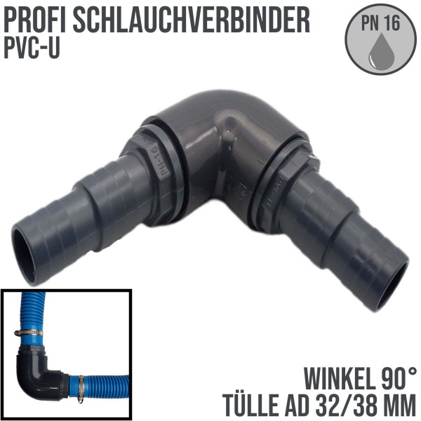 32 / 38 mm PVC PROFI Winkel 90° Schlauch Verbinder Stutzen Tülle Pool - PN 16 bar