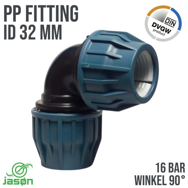 32 mm PE / PP Fitting Klemmverbinder Verschraubung Muffe Rohr Winkel 90° DVGW