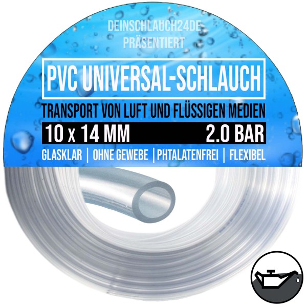 10 x 14 mm PVC Flüssigkeit Öl Luft Wasser Universal Labor Schlauch klar durchsichtig - PN 2 bar