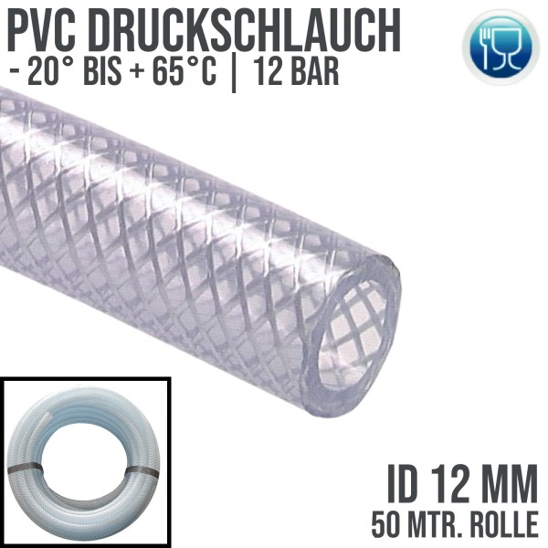 12 x 18 mm PVC Druckluftschlauch Gewebe Universal Wasser Luft Schlauch glasklar (12 bar) - 50m Rolle