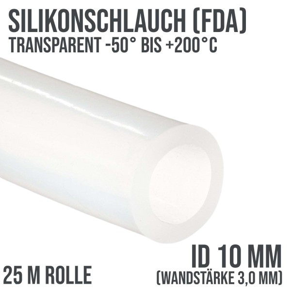 10 x 16 mm Silikonschlauch Silicon Milch Schlauch transparent lebensmittelecht FDA - 25m Rolle