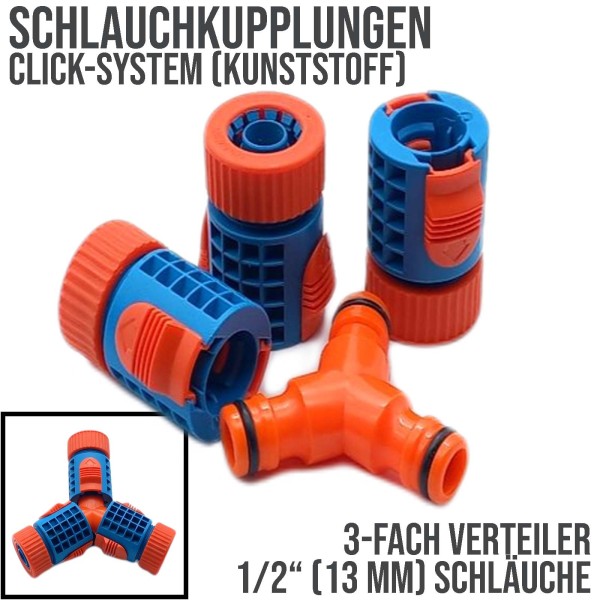 1/2" Zoll 13 mm 3-fach Verteiler Click-System Schlauch Kupplung Stecker Anschluss - SET