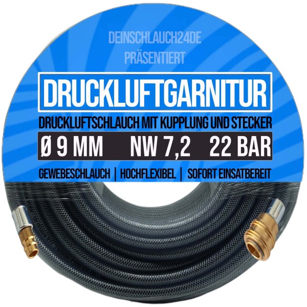 9 mm PVC Druckluft Pressluft Luft Kompressor Garnitur Schlauch schwarz - PN 22 bar