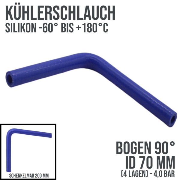 70 x 80 mm Kühlerschlauch Silikon Bogen 90° LLK Ladeluft Kühlmittel Schlauch blau (4,0 bar) - 200mm